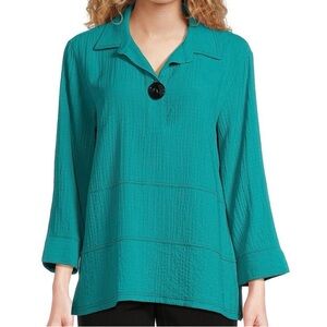 Ali Miles Popover Collared Button Turquoise Top Shirt Blouse Tunic Medium M